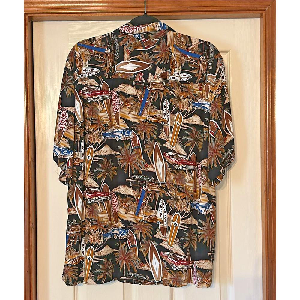 Large MONTAGE COLLECTION Men's Short Sleeve Hawaiian Surfboard Shirt Brown